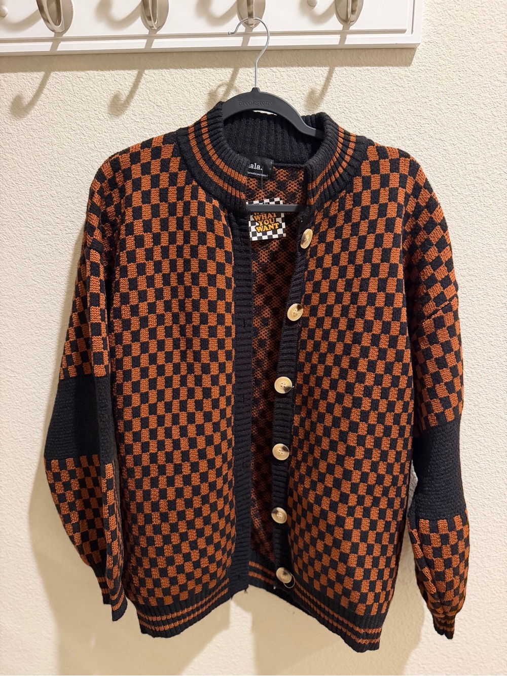 Dressed in LALA Black and Rust Checkered Knit Cardigan